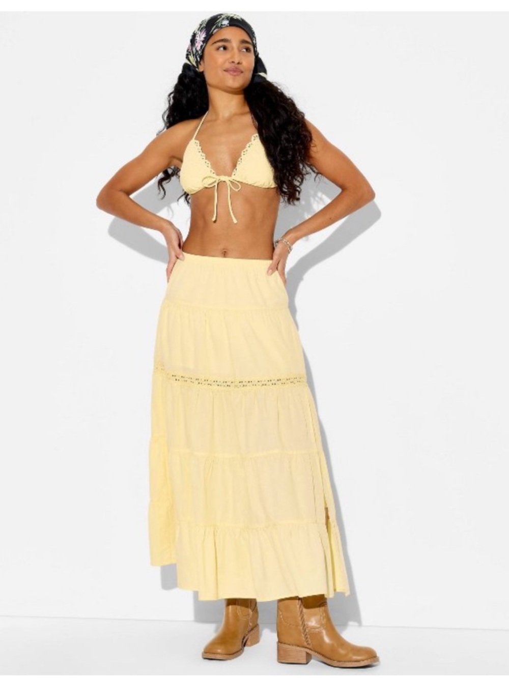 Yellow Tiered Maxi Skirt with Eyelet Detail Small NWT